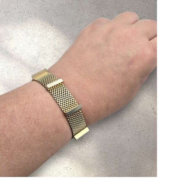 Vintage Gold-Tone Mesh Bracelet with Modern Bar Accents - Picture 1 of 7